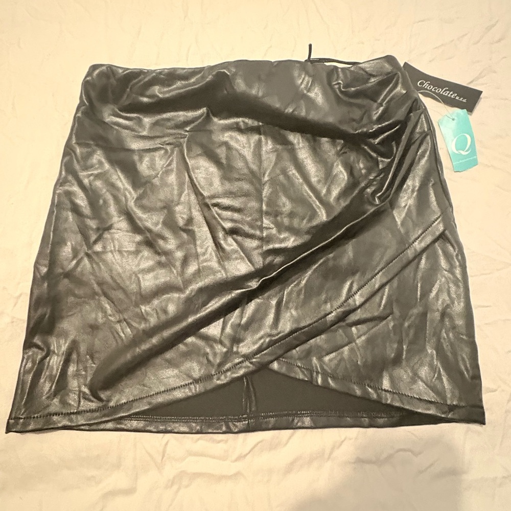 Chocolate Asymmetrical Black Faux Leather Skirt